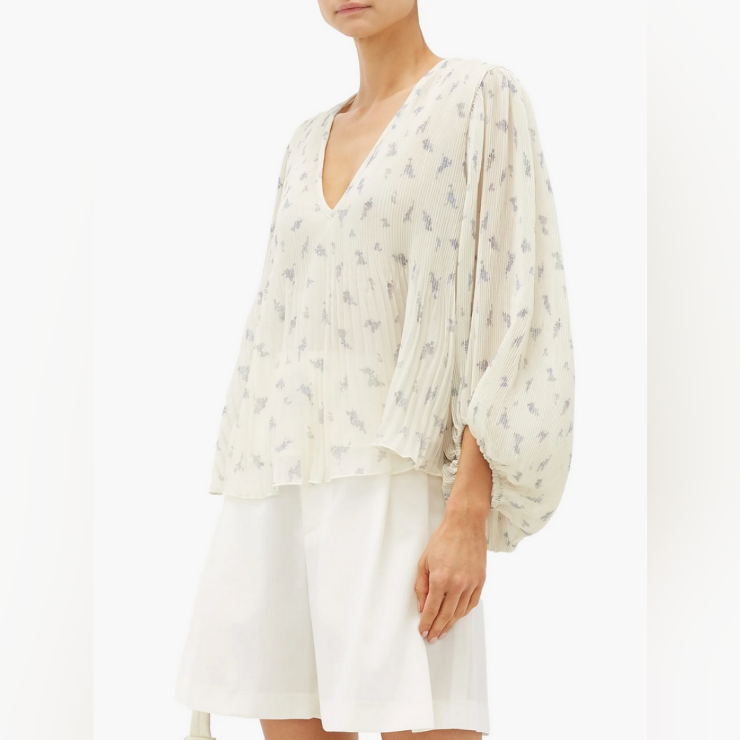 Ganni Floral Georgette Top With Balloon Sleeves And Plisse Tucks Size 36 4 Us